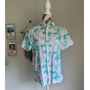MTL Made To Live Men's Slim Fit Button Down Tee Retro Palm Tree Print Medium
